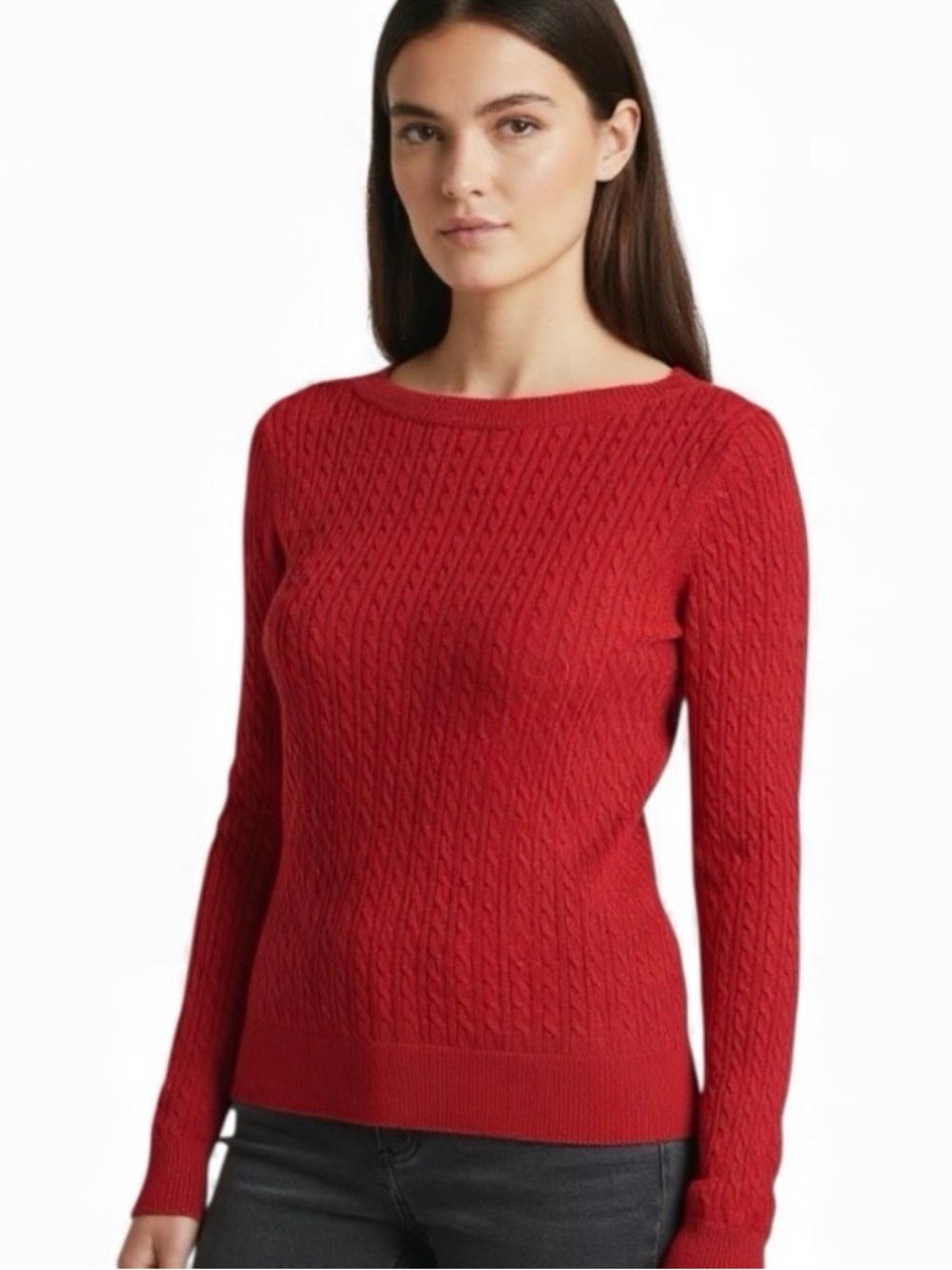 Tommy Hilfiger Red Cable Knit Sweater Women Small Crew Neck Cotton